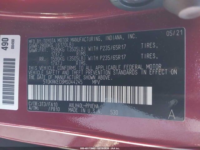 2021 Toyota Sienna Le მანქანა იყიდება აუქციონზე, vin: 5TDKRKEC6MS044245, აუქციონის ნომერი: 45173962