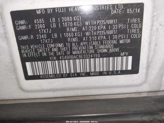 2014 Subaru Outback 2.5i მანქანა იყიდება აუქციონზე, vin: 4S4BRBAC9E3324150, აუქციონის ნომერი: 45173973