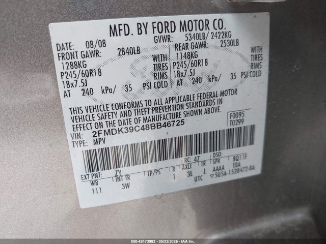 Продаж на аукціоні авто 2008 Ford Edge Limited, vin: 2FMDK39C48BB46725, номер лоту: 45173982