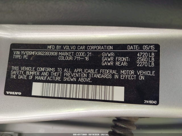 45173989 :رقم المزاد ، YV126MFK8G2393908 vin ، 2016 Volvo S60 T5 Drive-e Premier مزاد بيع