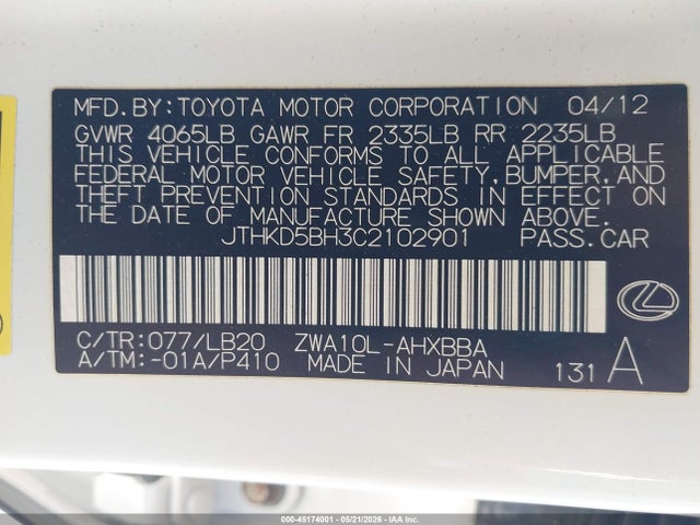 Продаж на аукціоні авто 2012 Lexus Ct 200h Premium, vin: JTHKD5BH3C2102901, номер лоту: 45174001