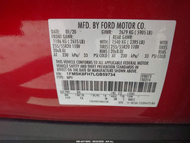 Aukcja sprzedaży 2020 Ford Explorer Limited, vin: 1FMSK8FH7LGB59734, numer aukcji: 45174003