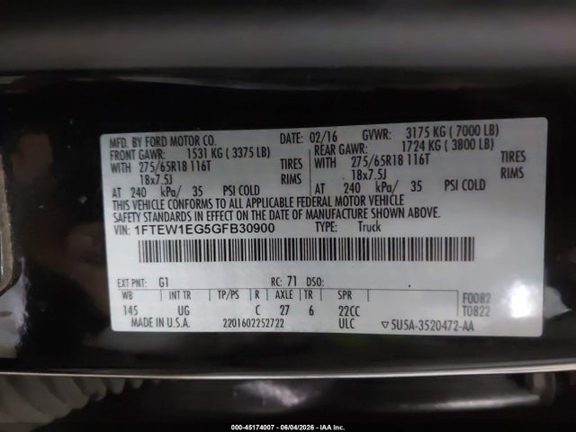 45174007 :رقم المزاد ، 1FTEW1EG5GFB30900 vin ، 2016 Ford F-150 King Ranch/lariat/limited/platinum/xl/xlt مزاد بيع