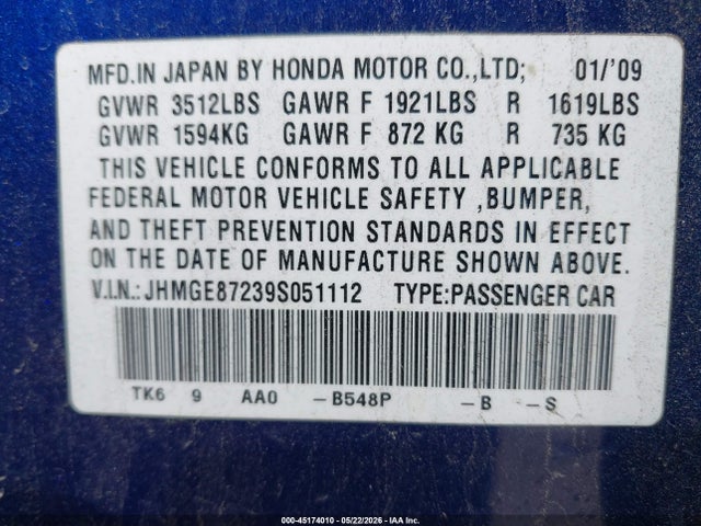 2009 Honda Fit მანქანა იყიდება აუქციონზე, vin: JHMGE87239S051112, აუქციონის ნომერი: 45174010