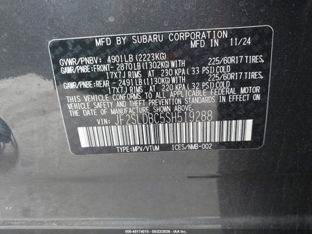 45174015 :رقم المزاد ، JF2SLDBC5SH519288 vin ، 2025 Subaru Forester Premium مزاد بيع