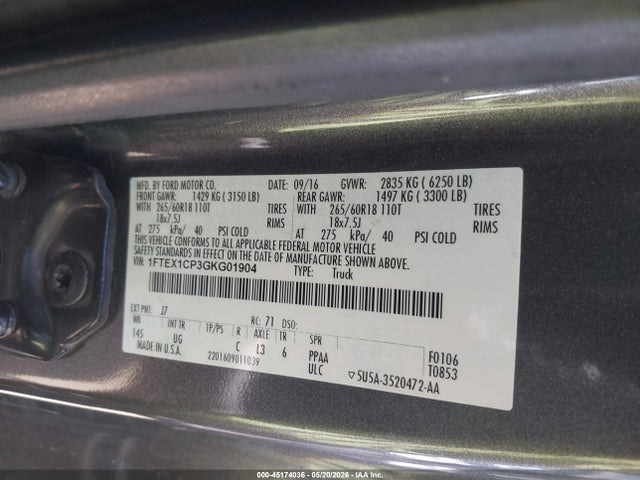 45174036 :رقم المزاد ، 1FTEX1CP3GKG01904 vin ، 2016 Ford F-150 Xlt مزاد بيع