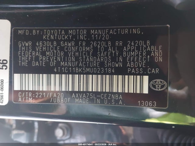 Продажа на аукционе авто 2021 Toyota Camry Le Awd, vin: 4T1C11BK5MU023184, номер лота: 45174041