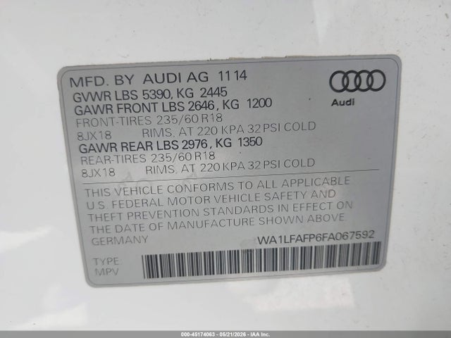 2015 Audi Q5 2.0t Premium მანქანა იყიდება აუქციონზე, vin: WA1LFAFP6FA067592, აუქციონის ნომერი: 45174063