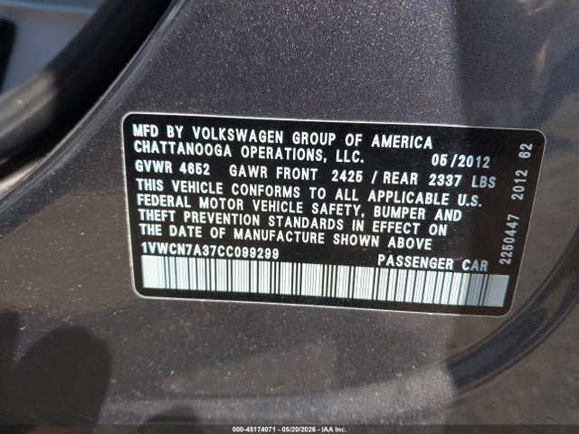 Aukcja sprzedaży 2012 Volkswagen Passat 2.0l Tdi Sel Premium, vin: 1VWCN7A37CC099299, numer aukcji: 45174071