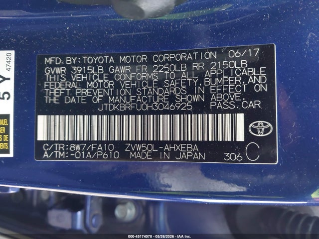 Auction sale of the 2017 Toyota Prius Two, vin: JTDKBRFU0H3046925, lot number: 45174078