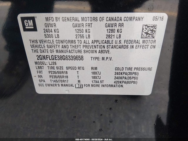 Aukcja sprzedaży 2016 Chevrolet Equinox Ltz, vin: 2GNFLGE38G6339658, numer aukcji: 45174088
