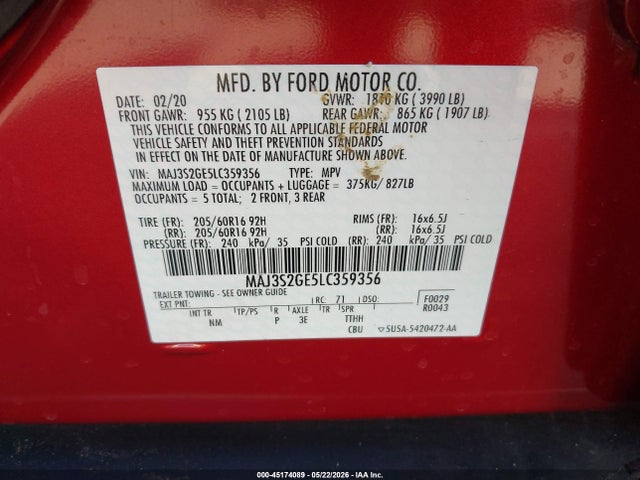 2020 Ford Ecosport Se მანქანა იყიდება აუქციონზე, vin: MAJ3S2GE5LC359356, აუქციონის ნომერი: 45174089