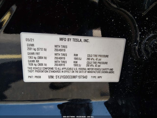 Aukcja sprzedaży 2021 Tesla Model Y Long Range Dual Motor All-wheel Drive, vin: 5YJYGDEE8MF197940, numer aukcji: 45174094