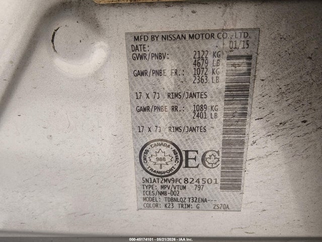 5N1AT2MV9FC824501 Nissan Rogue S/sl/sv
