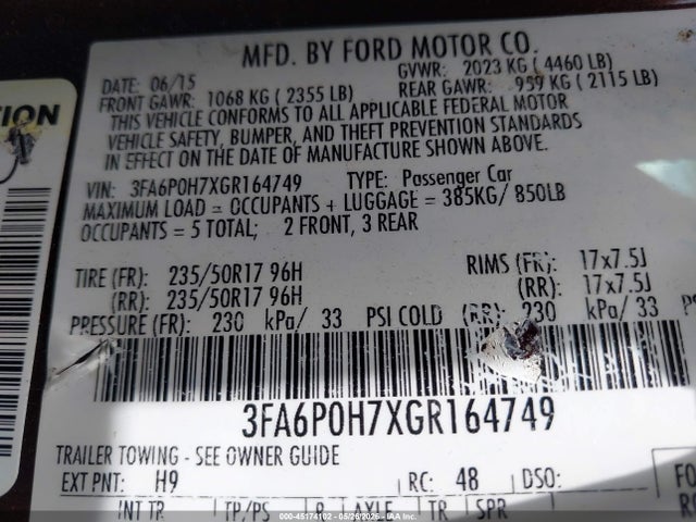 Ford FUSION SE 2016 3FA6P0H7XGR164749 Image 9