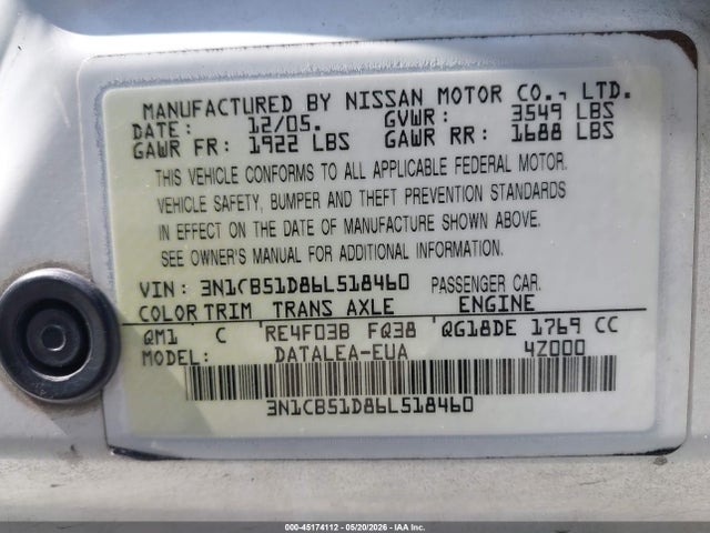 Продаж на аукціоні авто 2006 Nissan Sentra 1.8s, vin: 3N1CB51D86L518460, номер лоту: 45174112