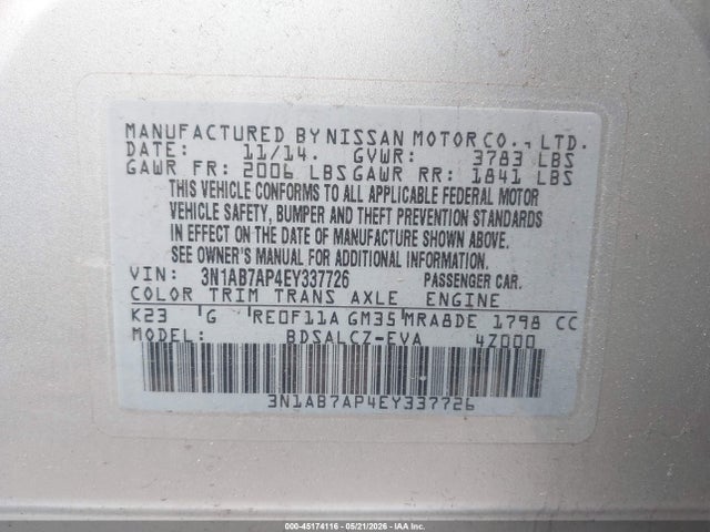 Продажа на аукционе авто 2014 Nissan Sentra S, vin: 3N1AB7AP4EY337726, номер лота: 45174116