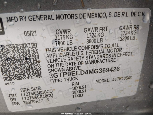 45174126 :رقم المزاد ، 3GTP9EED4MG369426 vin ، 2021 Gmc Sierra 1500 مزاد بيع