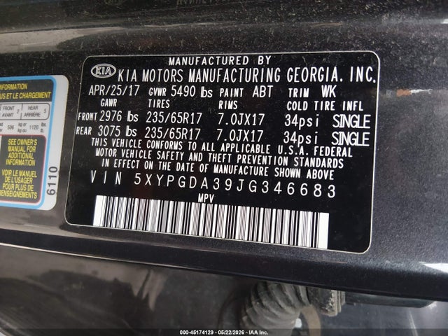 2018 Kia Sorento 2.4l Lx მანქანა იყიდება აუქციონზე, vin: 5XYPGDA39JG346683, აუქციონის ნომერი: 45174129