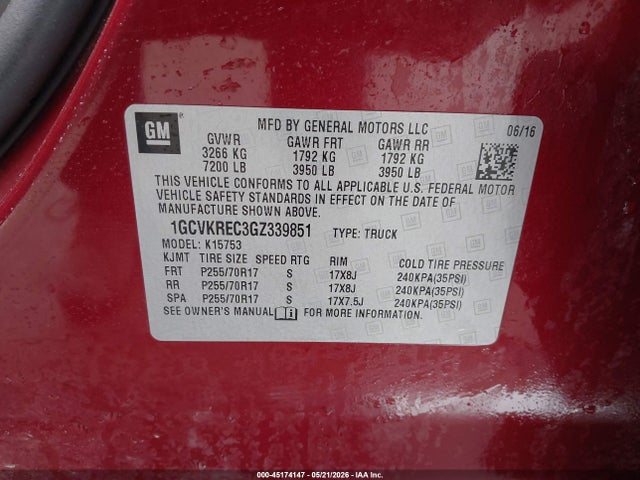 Продаж на аукціоні авто 2016 Chevrolet Silverado 1500 1lt, vin: 1GCVKREC3GZ339851, номер лоту: 45174147