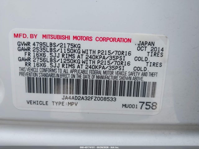 45174151 :رقم المزاد ، JA4AD2A32FZ008533 vin ، 2015 Mitsubishi Outlander Es مزاد بيع