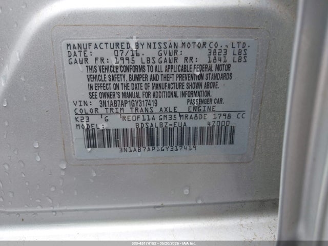 Продаж на аукціоні авто 2016 Nissan Sentra S, vin: 3N1AB7AP1GY317419, номер лоту: 45174152