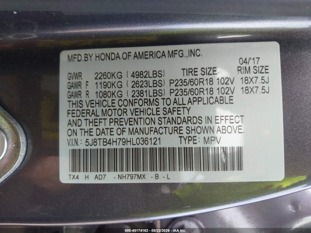 Auction sale of the 2017 Acura Rdx Advance Package, vin: 5J8TB4H79HL036121, lot number: 45174162