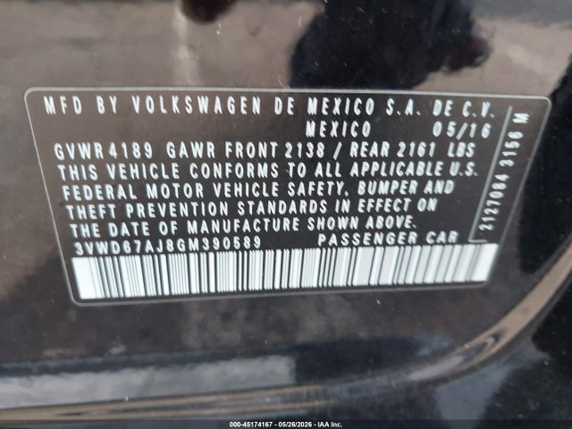 Aukcja sprzedaży 2016 Volkswagen Jetta 1.4t Se, vin: 3VWD67AJ8GM390589, numer aukcji: 45174167
