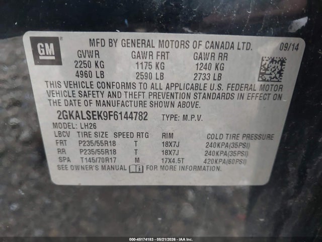 45174183 :رقم المزاد ، 2GKALSEK9F6144782 vin ، 2015 Gmc Terrain Slt-1 مزاد بيع