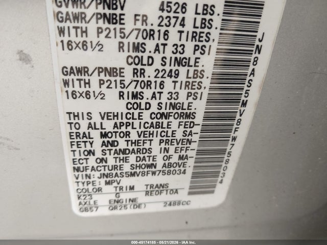 2015 Nissan Rogue Select S მანქანა იყიდება აუქციონზე, vin: JN8AS5MV8FW758034, აუქციონის ნომერი: 45174185