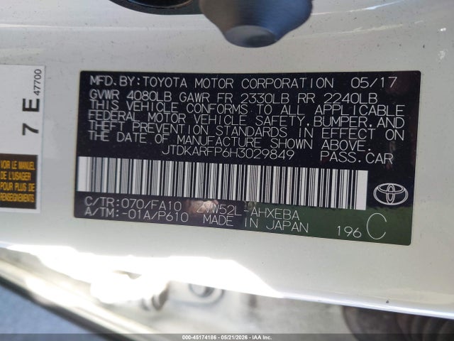 2017 Toyota Prius Prime Plus მანქანა იყიდება აუქციონზე, vin: JTDKARFP6H3029849, აუქციონის ნომერი: 45174186