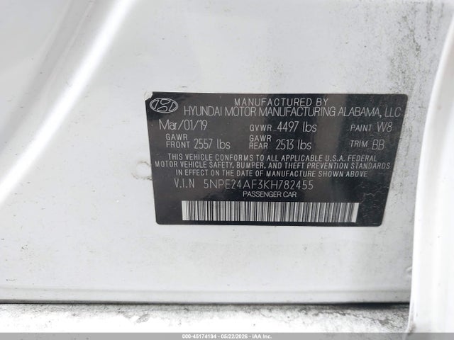 Продаж на аукціоні авто 2019 Hyundai Sonata Se, vin: 5NPE24AF3KH782455, номер лоту: 45174194