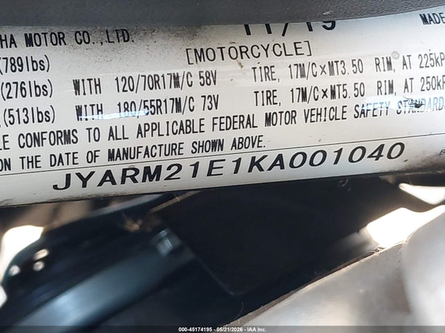 2019 Yamaha Xsr700 მანქანა იყიდება აუქციონზე, vin: JYARM21E1KA001040, აუქციონის ნომერი: 45174195