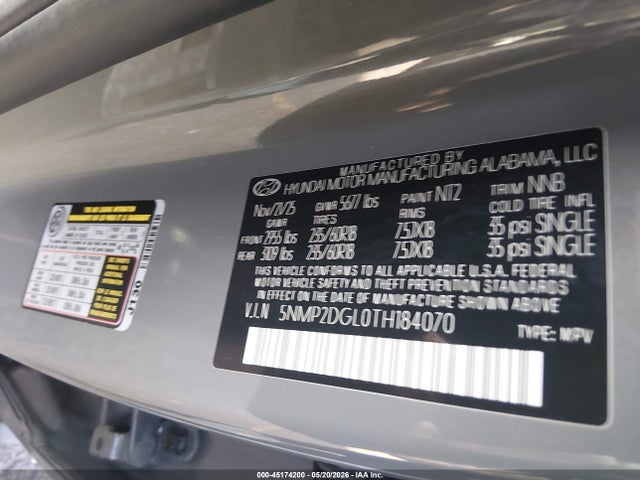 2026 Hyundai Santa Fe Sel მანქანა იყიდება აუქციონზე, vin: 5NMP2DGL0TH184070, აუქციონის ნომერი: 45174200