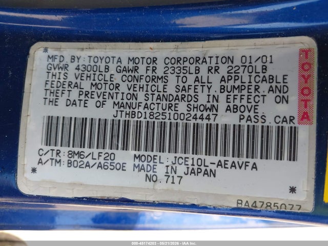 45174203 :رقم المزاد ، JTHBD182510024447 vin ، 2001 Lexus Is 300 مزاد بيع
