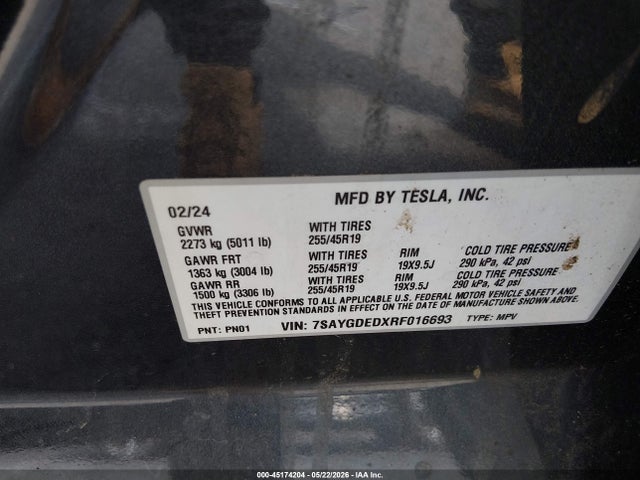 Auction sale of the 2024 Tesla Model Y, vin: 7SAYGDEDXRF016693, lot number: 45174204