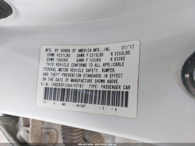 Продаж на аукціоні авто 2017 Honda Accord Sport Se, vin: 1HGCR2F10HA142161, номер лоту: 45174206