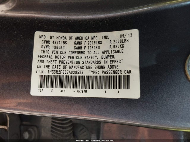 Aukcja sprzedaży 2014 Honda Accord Ex-l, vin: 1HGCR2F86EA039528, numer aukcji: 45174217
