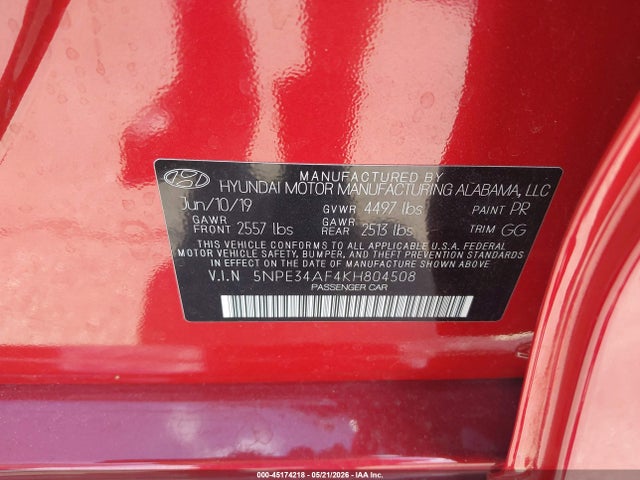 2019 Hyundai Sonata Limited მანქანა იყიდება აუქციონზე, vin: 5NPE34AF4KH804508, აუქციონის ნომერი: 45174218