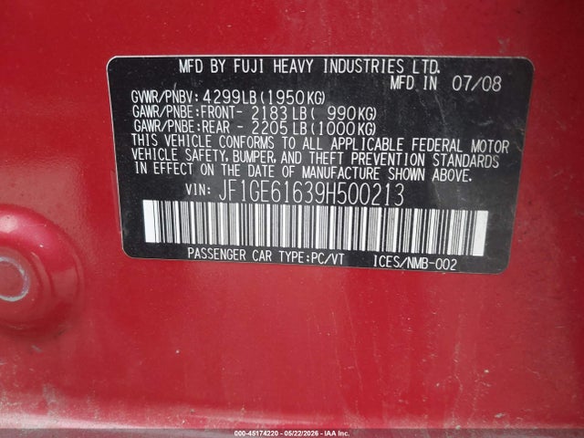 2009 Subaru Impreza 2.5i მანქანა იყიდება აუქციონზე, vin: JF1GE61639H500213, აუქციონის ნომერი: 45174220