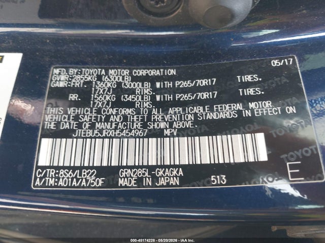 45174228 :رقم المزاد ، JTEBU5JRXH5454967 vin ، 2017 Toyota 4runner Sr5 Premium مزاد بيع