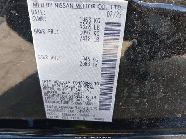 Продаж на аукціоні авто 2025 Nissan Altima Sv Fwd, vin: 1N4BL4DV6SN369115, номер лоту: 45174237