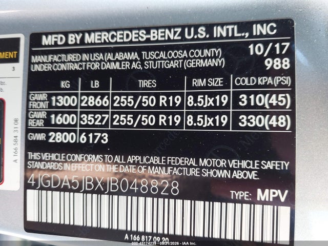 45174239 :رقم المزاد ، 4JGDA5JBXJB048828 vin ، 2018 Mercedes-benz Gle 350 مزاد بيع