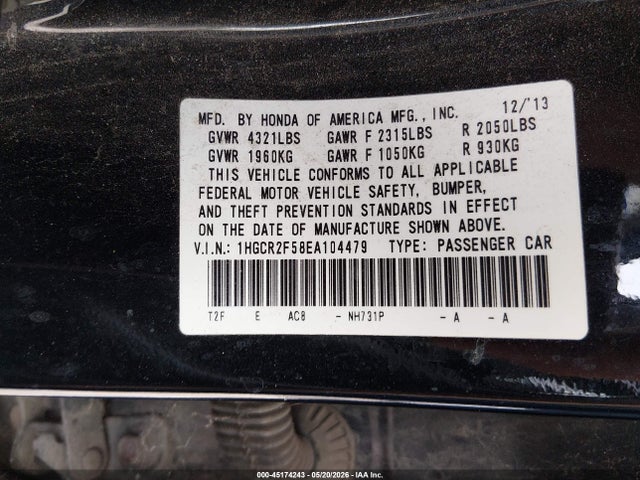 45174243 :رقم المزاد ، 1HGCR2F58EA104479 vin ، 2014 Honda Accord Sport مزاد بيع