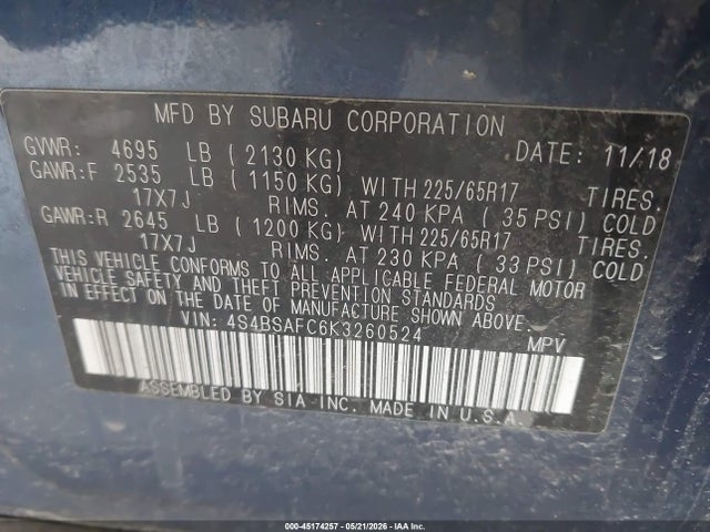 Aukcja sprzedaży 2019 Subaru Outback 2.5i Premium, vin: 4S4BSAFC6K3260524, numer aukcji: 45174257