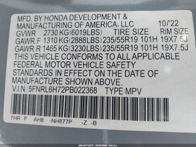 Продажа на аукционе авто 2023 Honda Odyssey Sport, vin: 5FNRL6H72PB022368, номер лота: 45174272