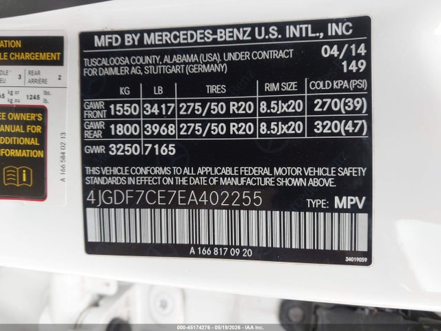 2014 Mercedes-benz Gl 450 4matic მანქანა იყიდება აუქციონზე, vin: 4JGDF7CE7EA402255, აუქციონის ნომერი: 45174276