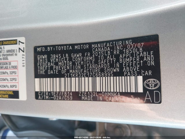 45174280 :رقم المزاد ، 2T1KR32E17C668995 vin ، 2007 Toyota Matrix Xr مزاد بيع