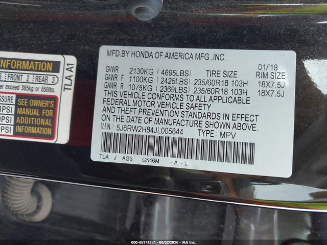 Aukcja sprzedaży 2018 Honda Cr-v Ex-l/ex-l Navi, vin: 5J6RW2H84JL005644, numer aukcji: 45174281
