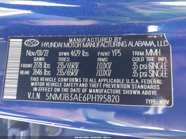45174309 :رقم المزاد ، 5NMJB3AE6PH195820 vin ، 2023 Hyundai Tucson Sel مزاد بيع